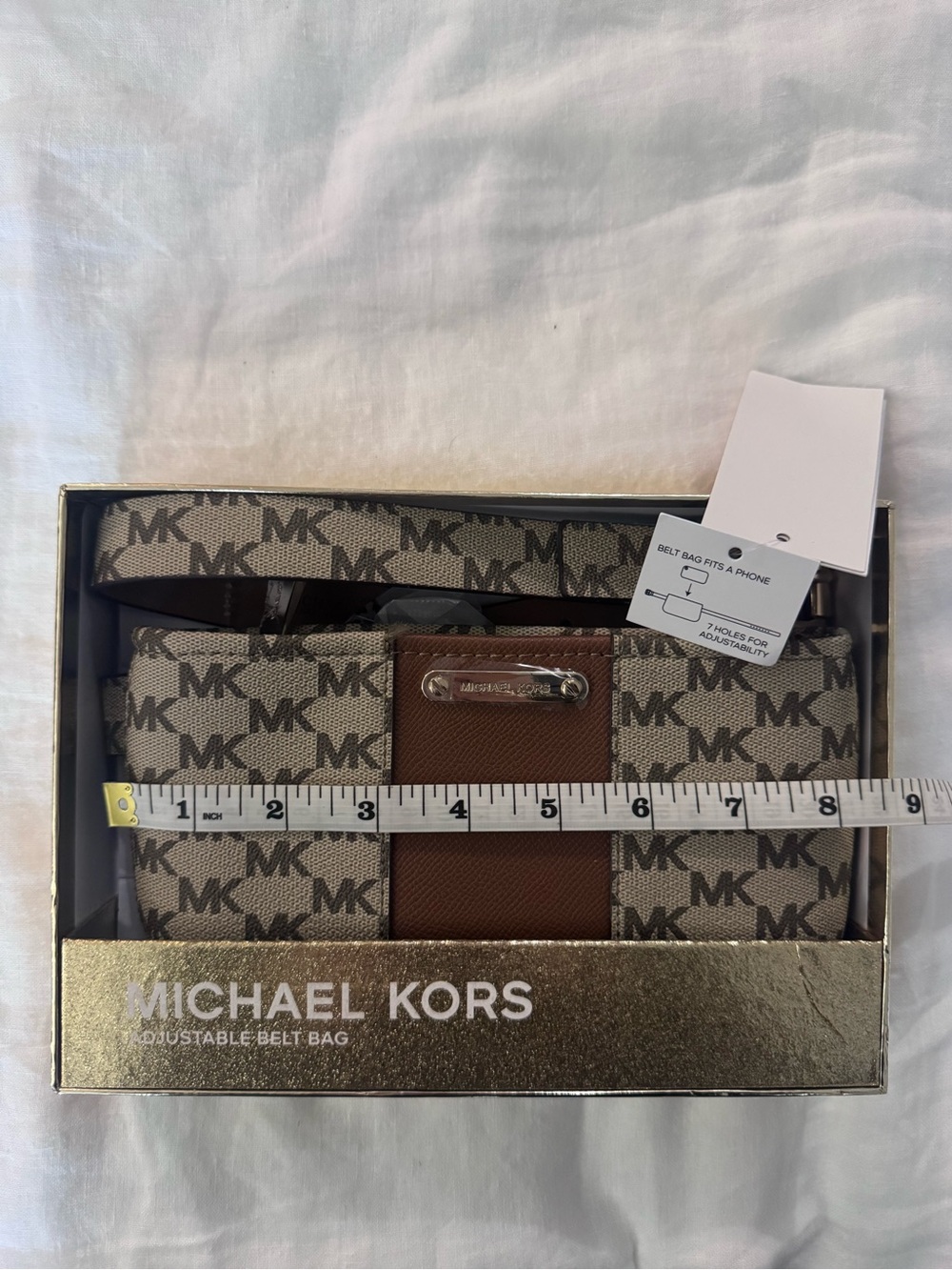 Michael Kors Beige MK Monogram Crossbody Belt Bag with Brown Trim